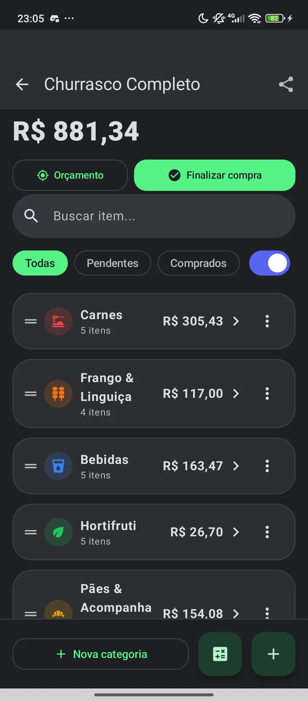 List organized by categories in Listão